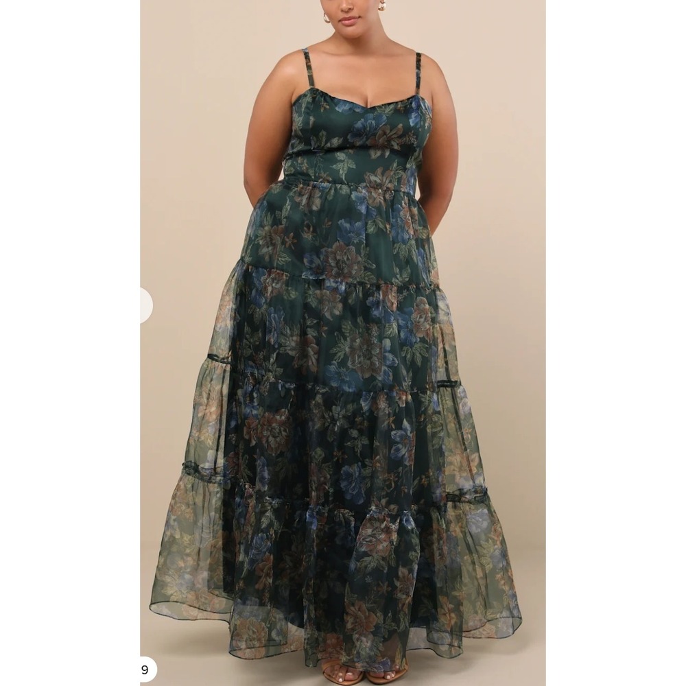 NWT Lulus Exclusive Glamour Green Floral Organza Tiered Maxi Dress 1X Plus Size